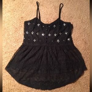 Black lace tank top with flower jewels